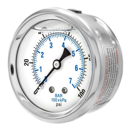 Engineered Specialty Products, Inc Pic Gauges 2 1/2" Pressure Gauge, Liquid Filled, 100 PSI, SS Case, Center Back Mount, PRO-202L-254E PRO-202L-254E